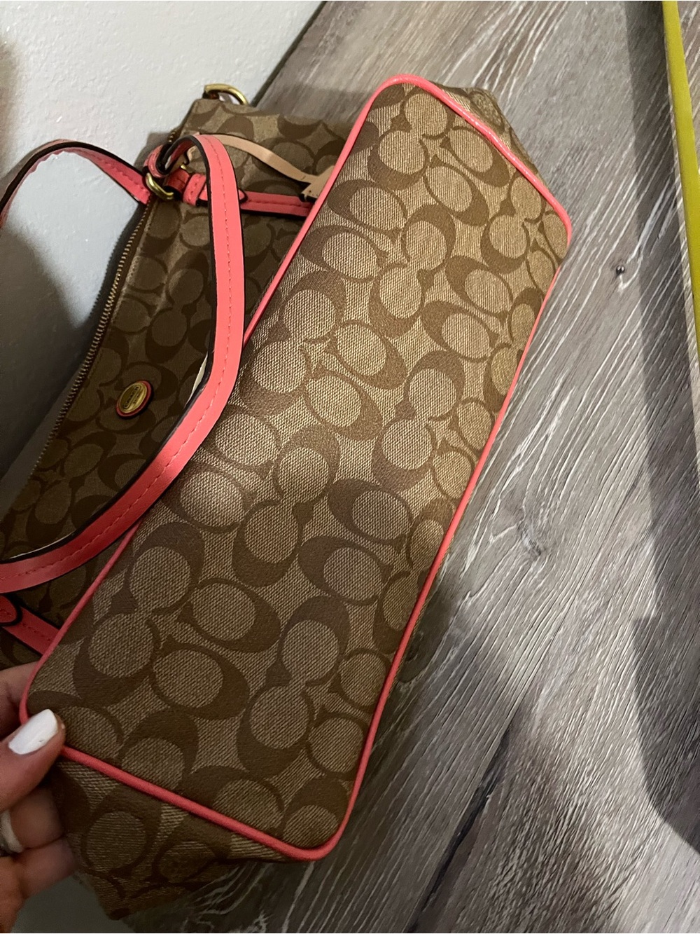 Pink vintage monogram Coach Brown Signature Canvas Tote with Coral Trim - Picture 8 of 10